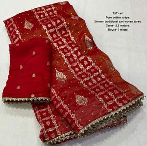 Nuevo y Elegante Sari de Algodón Crepé Banarasi Puro con Diseños de Zari, Encaje Moti, Sin Arrugas, de Secado Rápido, para Fiestas, Diwali y Uso Casual - Product Image 4