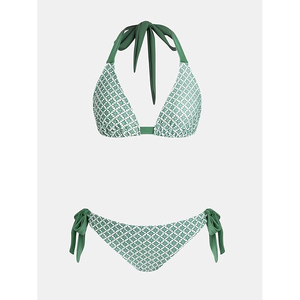 Bikini de Dos Piezas con Estampado Floral Verde para Mujer, Top Triangular Sexy con Cuello Halter, Lazos Laterales, Acolchado, Traje de Baño para Playa - Product Image 4