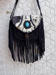Bolso de Mano con Flecos de Cuero Vacuno Auténtico, Bolso Bandolera con Piedra Turquesa, Estilo Bohemio Gitano Vintage, Hecho a Mano, Nuevo Diseño, Multiusos, Elegante - Product Image 2