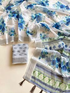 Sari en lin doux avec bordure tissée jacquard, imprimé numérique floral, chemisier imprimé – Tenue de soirée - Product Image 6