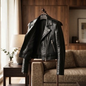 Veste moto en cuir véritable noir gaufré crocodile pour femme, manches longues, col rabattu, automne, longueur normale, fermeture éclair - Product Image 5