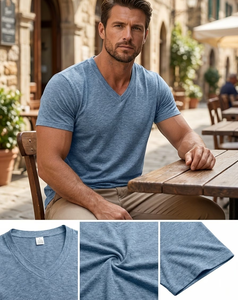 Men's V-Neck Short Sleeve Solid Cotton T-Shirt Regular Fit Breathable Enzyme Washed Jersey Fabric Casual Wear 180g Eco-Friendly - Product Image 1