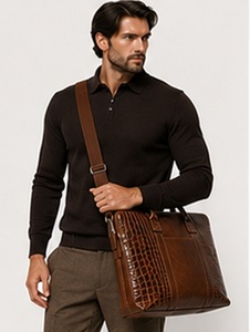 Sac messager d'affaires Gravs en cuir véritable de qualité supérieure, grand format, style vintage, avec détails rivets et motif alligator, pour homme, fermeture éclair - Product Image 5