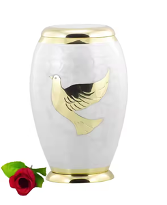 Wholesale Luxury White Metal Cremation Urn Bulk <b>Memorial</b> Jar with Golden Butterfly Art and Polished Enamel Smooth Gloss Finish - Product Image 2