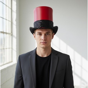 High Quality custom handmade Red Leather Ringmaster <b>Top</b> Hat Steampunk Circus Cosplay Statement Headwear - Product Image 4