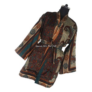 KS009 Hermoso Kimono Sari Vintage, Túnica Corta, Estampado Floral de Verano, Estilo Bohemio, Manga Larga, para Vacaciones - Product Image 3