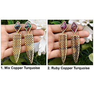 Designer women's <b>earring</b> mohave copper turquoise gemstone <b>dangle</b> <b>earring</b> solid brass 18k <b>gold</b> plated filigree design <b>earrings</b> - Product Image 1