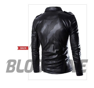 Chaqueta de Motociclista de Cuero PU Negra para Hombre, Corte Ajustado, Cierre de Cremallera, Cuello Camisero, para Otoño - Product Image 2