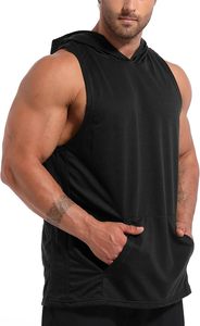 Men's <b>Black</b> Hooded Sleeveless <b>Tank</b> <b>Top</b> With Pockets Quick Dry Sporty Fit Knitted Mesh Gym Vest - Product Image 5