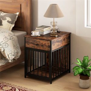 Black+Brown 2-in-1 <b>Dog</b> Crate End <b>Table</b> with Charging Station Chew Resistant Metal Tube Pet Furniture 25 L for Small <b>Dogs</b> - Product Image 3