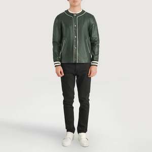 Blouson bomber en cuir PU vert pour homme, col rond, fermeture à boutons, vêtement décontracté d'automne, coupe classique, couleur unie - Product Image 6