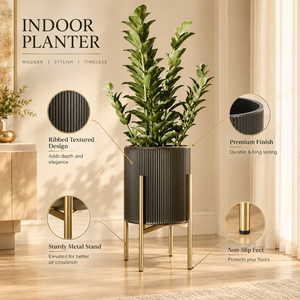 Jardinière d'intérieur moderne en métal côtelé avec support doré |   Grand pot de fleurs décoratif pour salon, hôtel, maison, jardin, décoration intérieure - Product Image 3