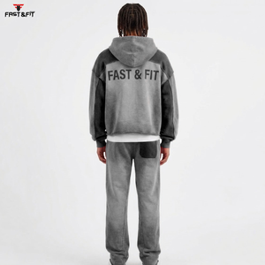 Ensemble survêtement 2 pièces personnalisé pour homme, sweat à capuche zippé et pantalon de survêtement, effet délavé, couleur unie, pour l'hiver, le sport et la gym - Product Image 2