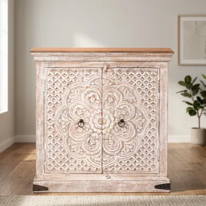 Mueble de Almacenamiento Vintage de Madera Maciza Tallada a Mano con Puertas Dobles Florales, Acabado Blanco Envejecido, Muebles Rústicos Indios - Product Image 5
