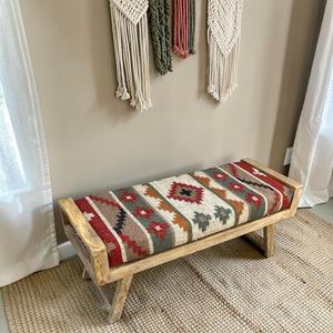 Banco de Yute Kilim Hecho a Mano, Ecológico y Duradero, Banco Otomano Tradicional Cuadrado, Banco de Madera Vintage, Muebles Rústicos para Sala de Estar - Product Image 5