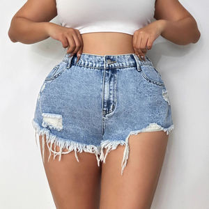 Shorts en jean décontractés pour femmes, taille haute, effet usé, fermeture boutonnée, Bermuda, tissu doux et résistant - Product Image 1