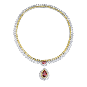 Collar de Plata 925 para Mujer con Diamantes, Gema Roja con Corte de Pera y Diamantes Amarillos de Fantasía, Certificado IGI, Joyería para Boda - Product Image 1