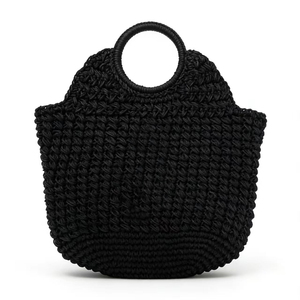 Bolso de paja artístico estilo francés de verano, bolso de mano casual para mujer estilo resort, con asa de anillo redondo, tejido calado, boca abierta y forma cuadrada - Product Image 6