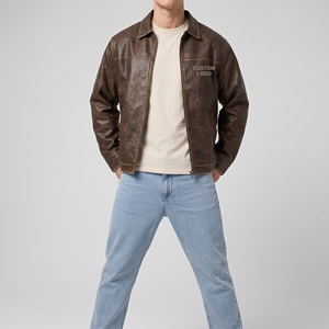 <b>Men</b> Vintage Distressed Sheep Leather <b>Jacket</b> Brown Stand Collar <b>Reflective</b> Front Custom Logo Wholesale Outerwear - Product Image 1