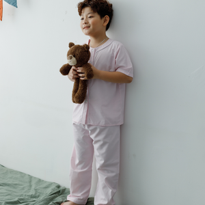 Vente en gros de pyjamas 100% coton pour enfants design haut de gamme rayé blanc rose motif ligne blanche boutons manches courtes longues - Product Image 3