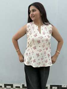 Blusa Casual sin Mangas con Estampado Floral Color Marfil para Mujer, Diseño Holgado de Viscosa y Rayón, Estilo Occidental Moderno para el Verano - Product Image 2