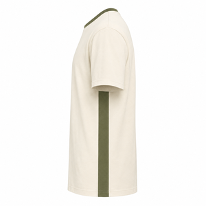 Camiseta de Algodón Crema Personalizada con Panel Lateral Verde Oliva en Contraste, Cuello Redondo, Manga Corta, Top Informal para Hombre - Product Image 5