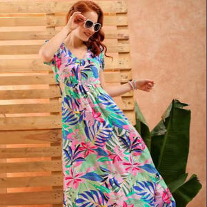 Vestido Elegante de Moda al por Mayor para Mujer, Manga Corta, Cuello en V, Estampado Floral Personalizado, Vestidos Maxi con Volantes, el Mejor Diseño - Product Image 1