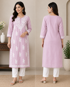 Elegant Lavender Hand Embroidered Lucknowi <b>Chikankari</b> Straight <b>Kurti</b> - Premium Cotton Ethnic Tunic Top for Women - Product Image 3