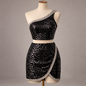 Vestido de Noche de Dos Piezas con Lentejuelas Negras, Top Corto de Un Hombro y Minifalda, Atuendo de Cóctel con Pedrería - Product Image 1