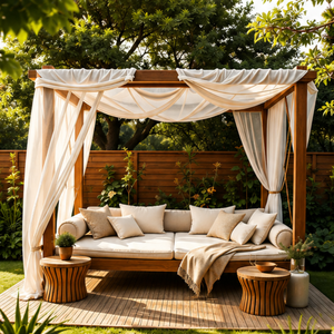 Cama de Día de Lujo con Toldo de Madera de Teca Sólida para Exteriores, Sofá Moderno para Jardín, Patio, Terraza, Resort, Hotel, Villa - Product Image 1