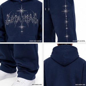 Conjunto de chándal con capucha y estampado de pedrería, estilo urbano oversize para hombre, de algodón y forro polar, sudadera con capucha y pantalones de pierna ancha - Product Image 6
