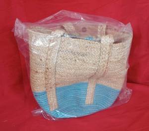 Bohemian Straw Cotton jute Tote Bag With Blue Bottom Two Handles Open <b>Top</b> For Beach Casual Use <b>Women's</b> Durable Handbag - Product Image 5