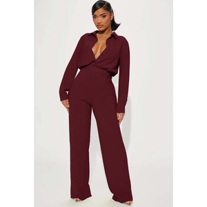 Mono de manga larga a rayas rojas para mujer, con cuello de solapa y cremallera frontal, cintura alta, largo completo, ropa de club - Product Image 3
