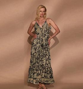 เดรสแม็กซี่สำหรับผู้หญิง ทรงโบโฮ แขนกุด คอวี เปิดหลัง ทรงพลิ้วไหว ชุดเดรสชายหาดฤดูร้อนแบบยาว แต่งระบายชายกระโปรง คละสี - Product Image 1