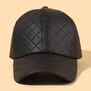 Premium Black Quilted Stylish Diamond Pattern Fashionable Streetwear Outdoor Casual Adjustable <b>Waterproof</b> Pu Leather <b>Caps</b> - Product Image 1