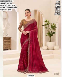 Sari Tradicional Rojo Bordado, Transpirable, Antiarrugas, para Fiestas, Bodas, Diwali, Todas las Temporadas - Product Image 5