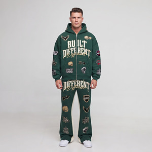 Ensemble de survêtement pour homme avec sweat à capuche zippé et pantalon de survêtement, coupe ample, style streetwear, 100% coton molletonné, deux pièces - Product Image 5