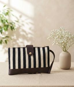 Sac à bandoulière en toile jacquard pour femme, motif géométrique à carreaux et rayures nautiques, petit sac cylindrique à fermeture éclair - Product Image 5