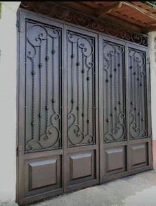 Traditional Black Double <b>Sliding</b> Gate Gold Ring Handles Durable Eco-Friendly Powder Coated Exterior Door for Hotel Apartment - Product Image 4