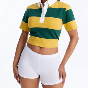 Women's <b>Cropped</b> Rugby <b>Shirt</b> Custom Embroidery Oversize Dropped Shoulder Breathable Red <b>White</b> Contrast Striped Polos - Product Image 1
