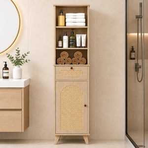 Étagère de salle de bain autoportante en teck esthétique avec tiroirs en rotin, format slim - Product Image 1