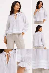 <b>Top</b> Selling Women Vintage Woven Summer Fashion Cotton <b>Linen</b> Blouse Long Bishop Sleeve Tie up Neck Solid Color Casual Loose Shirt - Product Image 3