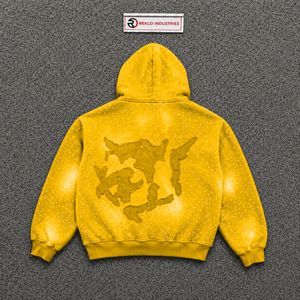 Sudadera con capucha oversize de felpa francesa para hombre, con pedrería, estampado de puntos y efecto tie-dye, estilo casual y moderno, color amarillo, corte regular. - Product Image 6