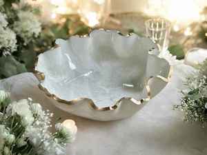 White Resin Serving <b>Bowl</b> with Gold Rim Wavy Edge Modern Luxury Centerpiece for Wedding Lightweight & Durable Dishwasher Safe - Product Image 1