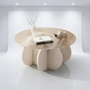 Table basse moderne en verre côtelé avec base sculpturale blanche, écologique et durable, pour salon et chambre à coucher - Product Image 3