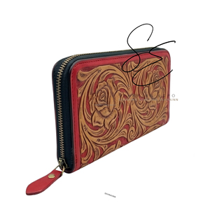 Handmade Tooled Leather Cowhide Zip Around <b>Wallet</b> for Women Custom Floral Carved Leather <b>Long</b> <b>Wallet</b> with Hair-On Cowhide Back - Product Image 2