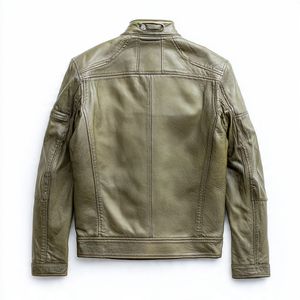 Veste en cuir vert olive de haute qualité pour usage décontracté. Style audacieux avec des vêtements cargo et des baskets - Product Image 4