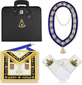 Ensemble de tablier de maître maçon de la Loge Bleue – Tablier en velours bleu roi brodé, collier à chaîne avec bijou, gants maçonniques - Product Image 1