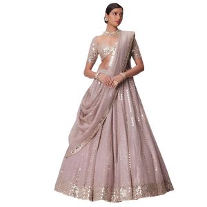 Elegante lehenga de gasa con cuentas, escote corazón y detalles recortados en rosa empolvado, diseño de corte A hasta el suelo. - Product Image 1