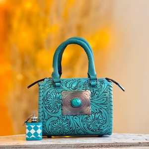 2026 New Arrival Sky Blue Hand Tooled Florals Carved Turquoise Single Stone <b>Studded</b> 100% Genuine Leather Mini Speedy Duffle <b>Bags</b> - Product Image 6
